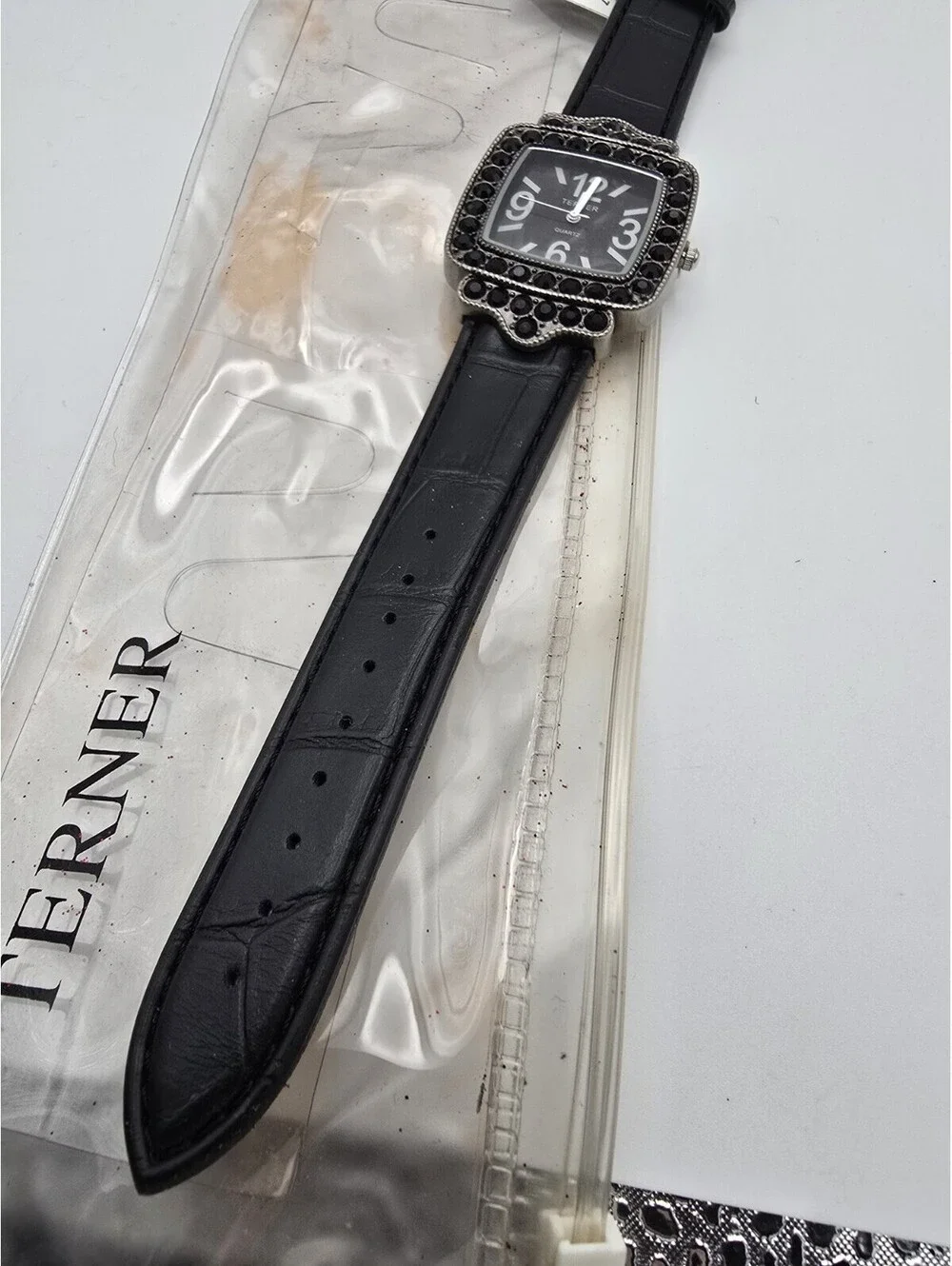 Bijoux Terner QA3368L Ladies Square Black Rhinestone Bezel Quartz Watch Leather